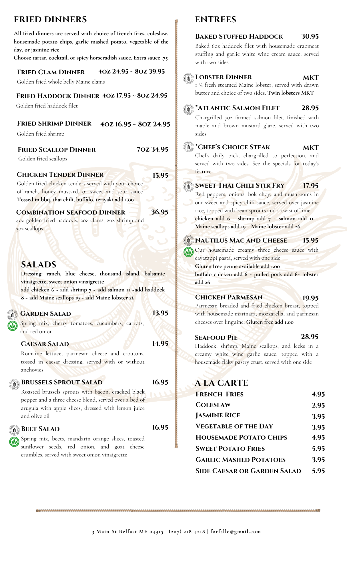 Nautilus Seafood and Grill menu — fried dinners, entrees, salads, and à la carte